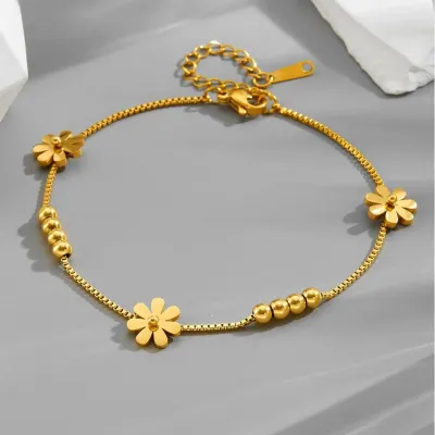 Gold Plated Daisy Beaded Chain Anklet